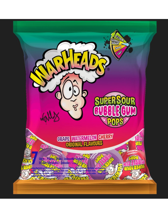 WARHEADS BUBBLE GUM POPS 7 UNIDS, 105G FIESTA